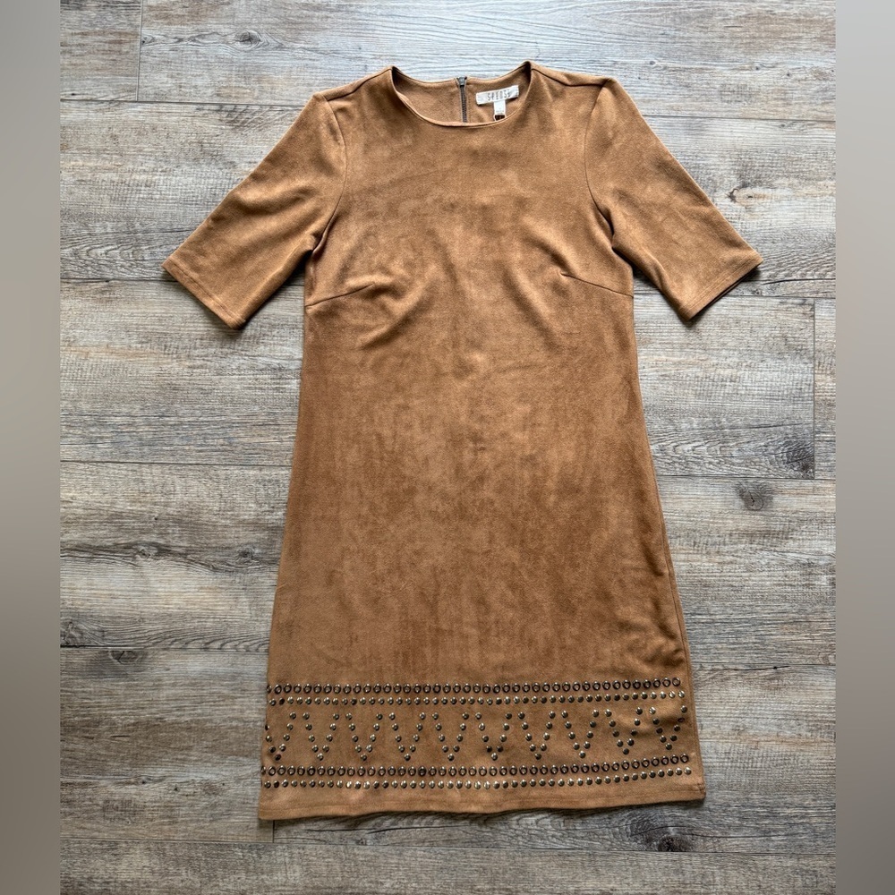 Spense Tan Midi Dress with Studded Hem